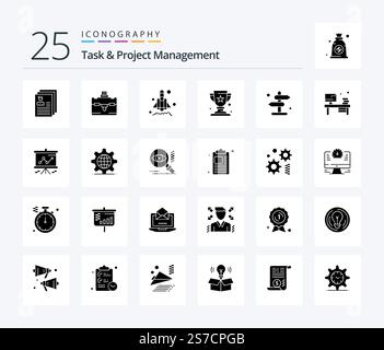 Task And Project Management 25 Solid Glyph icon pack including winner. award . tourist . rocket Stock Vector