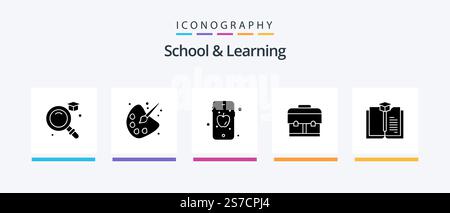 School And Learning Glyph 5 Icon Pack Including . education. apple. book. school. Creative Icons Design Stock Vector