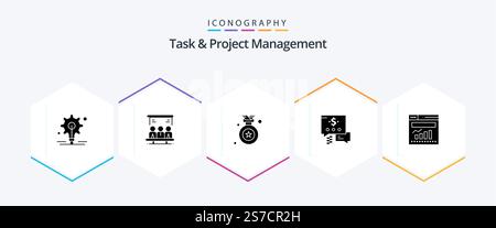 Task And Project Management 25 Glyph icon pack including . mail . user. chat . medal Stock Vector
