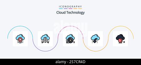 Cloud Technology Line Filled Flat 5 Icon Pack Including arrow. cloud. network. download. chip Stock Vector