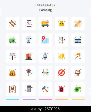 Creative Camping 25 Flat icon pack  Such As camp. bus. doodle. first aid. band aid Stock Vector
