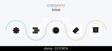 School Glyph 5 Icon Pack Including school. education. clock. device. eraser Stock Vector