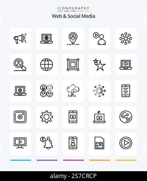 Creative Web And Social Media 25 OutLine icon pack  Such As watch. play . internet. user . user Stock Vector