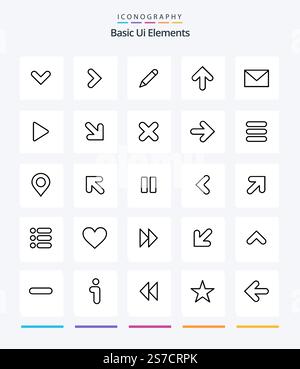 Creative Basic Ui Elements 25 OutLine icon pack  Such As massege. upload. pencil. up. arrow Stock Vector