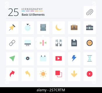 Basic Ui Elements 25 Flat Color icon pack including case. bag. video. natural. night Stock Vector