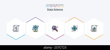 Data Science 25 FilledLine icon pack including graph. analytics. graph. science. microchip Stock Vector