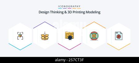 Design Thinking And D Printing Modeling 25 FilledLine icon pack including processingd. print. folder. printing. film Stock Vector
