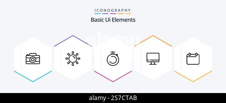 Basic Ui Elements 25 Line icon pack including calender. screen. camposs. monitor. watch Stock Vector