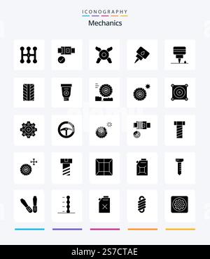 Creative Mechanics 25 Glyph Solid Black icon pack  Such As friction. glue. engine. equipment. wheel Stock Vector