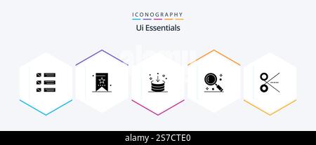 Ui Essentials 25 Glyph icon pack including magnifying. interface. tag. interface. download Stock Vector