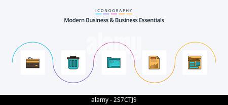 Modern Business And Business Essentials Line Filled Flat 5 Icon Pack Including computer. folder. trash. office. container Stock Vector