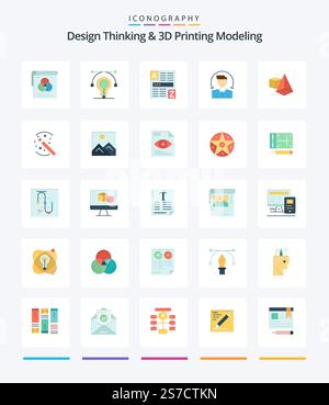 Creative Design Thinking And D Printing Modeling 25 Flat icon pack  Such As box. services. browser. client. user Stock Vector