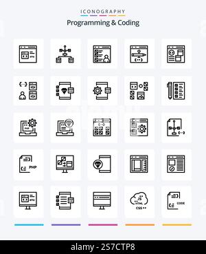 Creative Programming And Coding 25 OutLine icon pack  Such As develop. business. development. programming. development Stock Vector