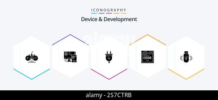 Device And Development 25 Glyph icon pack including share . coding. electric. code . browser Stock Vector