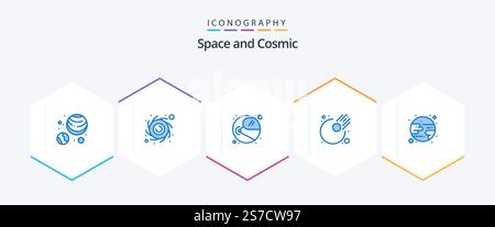 Space 25 Blue icon pack including . moon. space. forecast. meteor Stock Vector