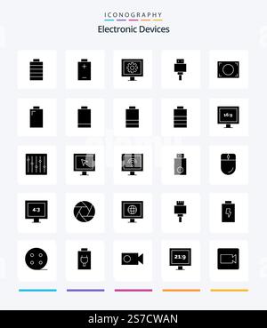 Creative Devices 25 Glyph Solid Black icon pack  Such As aspect ratio. electric. file. battery. frame Stock Vector
