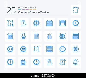 Complete Common Version 25 Blue Color icon pack including energy. charging. energy. charge. ui Stock Vector