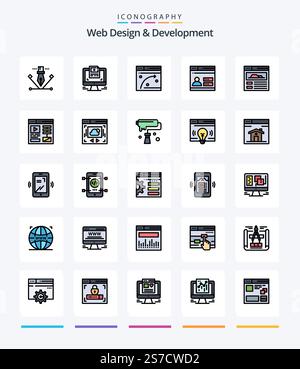 Creative Web Design And Development 25 Line FIlled icon pack  Such As web page. security. web. design. user Stock Vector