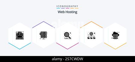 Web Hosting 25 Glyph icon pack including internet. database. web. network. database Stock Vector