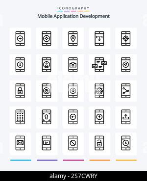 Creative Mobile Application Development 25 OutLine icon pack  Such As application. mobile. mobile. download. application Stock Vector