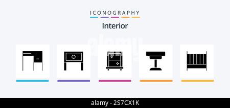 Interior Glyph 5 Icon Pack Including bed. interior. table. furniture. decor. Creative Icons Design Stock Vector
