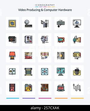 Creative Video Producing And Computer Hardware 25 Line FIlled icon pack  Such As obsolete. keyboard. network. interface. equipment Stock Vector