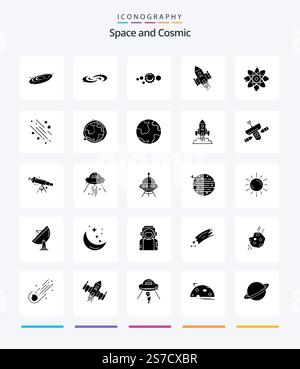 Creative Space 25 Glyph Solid Black icon pack  Such As molecule. atom. solar system. launch. space Stock Vector