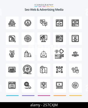 Creative Seo Web And Advertising Media 25 OutLine icon pack  Such As page. web. sms. sell. chat Stock Vector