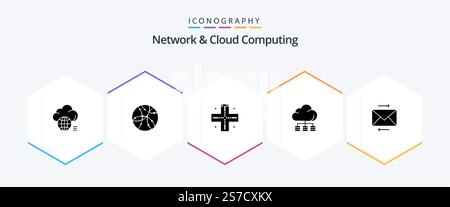 Network And Cloud Computing 25 Glyph icon pack including share. technology. technology. storage. cloud Stock Vector