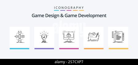 Game Design And Game Development Line 5 Icon Pack Including file. code. quest. publishing. game. Creative Icons Design Stock Vector