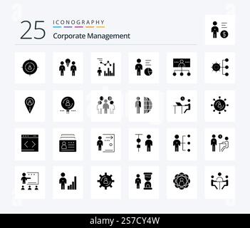 Corporate Management 25 Solid Glyph icon pack including leadership. business. team. person. efficiency Stock Vector