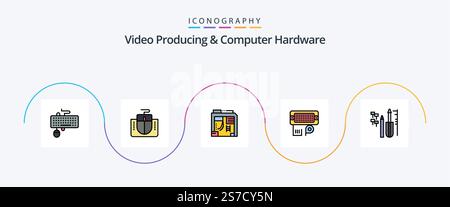 Video Producing And Computer Hardware Line Filled Flat 5 Icon Pack Including reapair. data. computer. connection. computer Stock Vector