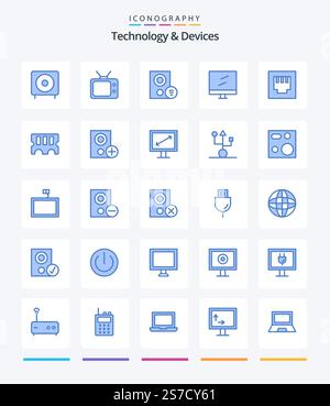 Creative Devices 25 Blue icon pack  Such As port. mac. computers. display. signal Stock Vector