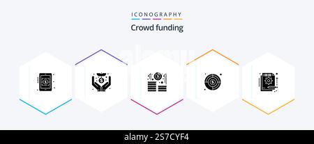Crowdfunding 25 Glyph icon pack including funding. detail. career. finding goal. goal Stock Vector