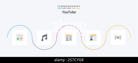 Youtube Flat 5 Icon Pack Including basic. video. music. basic. bank Stock Vector