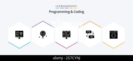 Programming And Coding 25 Glyph icon pack including development. coding. programming. programming. develop Stock Vector