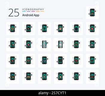 Android App 25 Line Filled icon pack including globe. app. phone. restart. mobile Stock Vector
