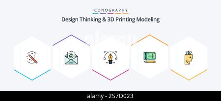 Design Thinking And D Printing Modeling 25 FilledLine icon pack including pen . education. pen . online. mobile Stock Vector