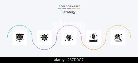 Strategy Glyph 5 Icon Pack Including analysis. business. solution. up. rocket Stock Vector