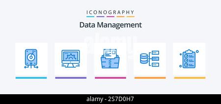 Data Management Blue 5 Icon Pack Including base. data. social market. folder. document. Creative Icons Design Stock Vector