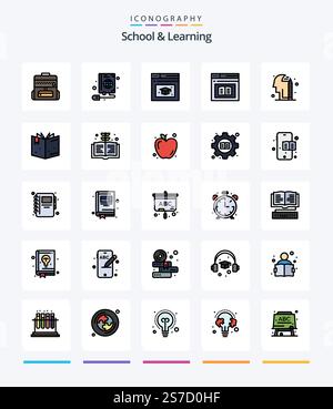 Creative School And Learning 25 Line FIlled icon pack  Such As pencile. education. education. web. e-learning Stock Vector