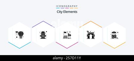 City Elements 25 Glyph icon pack including stall. gate. bench. door. architecture Stock Vector