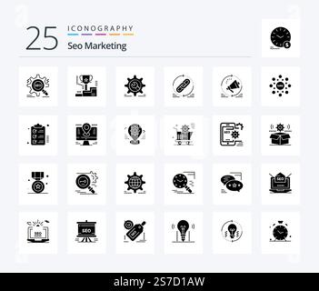 Seo Marketing 25 Solid Glyph icon pack including web. link. trophy. configuration. wheel Stock Vector