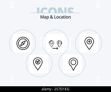 Map and Location Line Icon Pack 5 Icon Design. plus. navigation. pin. map. pin Stock Vector