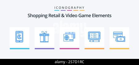 Shoping Retail And Video Game Elements Blue 5 Icon Pack Including credit. shopping. identity. pin . phone. Creative Icons Design Stock Vector