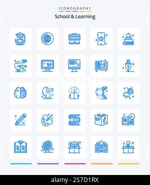 Creative School And Learning 25 Blue icon pack  Such As graduate. bulb. school. education. apple Stock Vector
