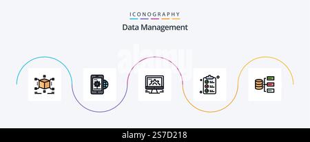 Data Management Line Filled Flat 5 Icon Pack Including mark. document. setting. check list. social market Stock Vector