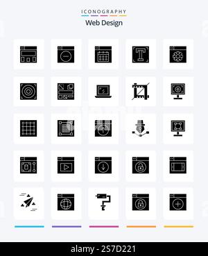Creative Web Design 25 Glyph Solid Black icon pack  Such As setting. web. calendar. text. path Stock Vector