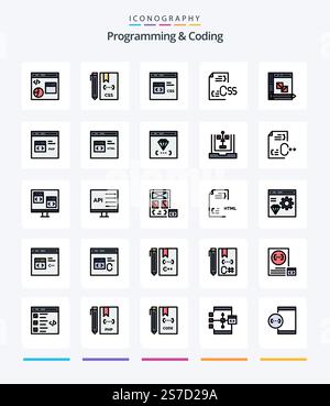 Creative Programming And Coding 25 Line FIlled icon pack  Such As development. coding. develop. file. develop Stock Vector