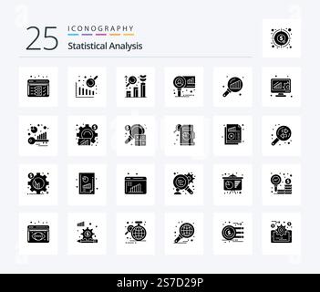 Statistical Analysis 25 Solid Glyph icon pack including search stats. graph analysis. graph. data analyzing. market Stock Vector